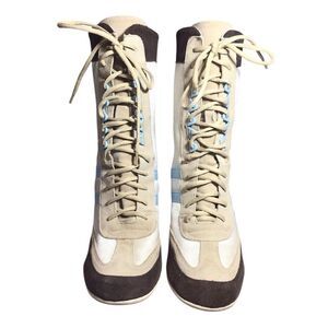 Baker’s Y2K Suede Nylon High Heel Ankle Boots Stylish Beige and Brown Size 8 1/2